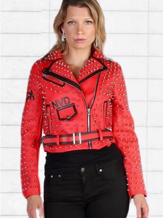 For Her Jackets & Blazers - Studded Red Leather Biker Jacket with Belt - Women's Fashion